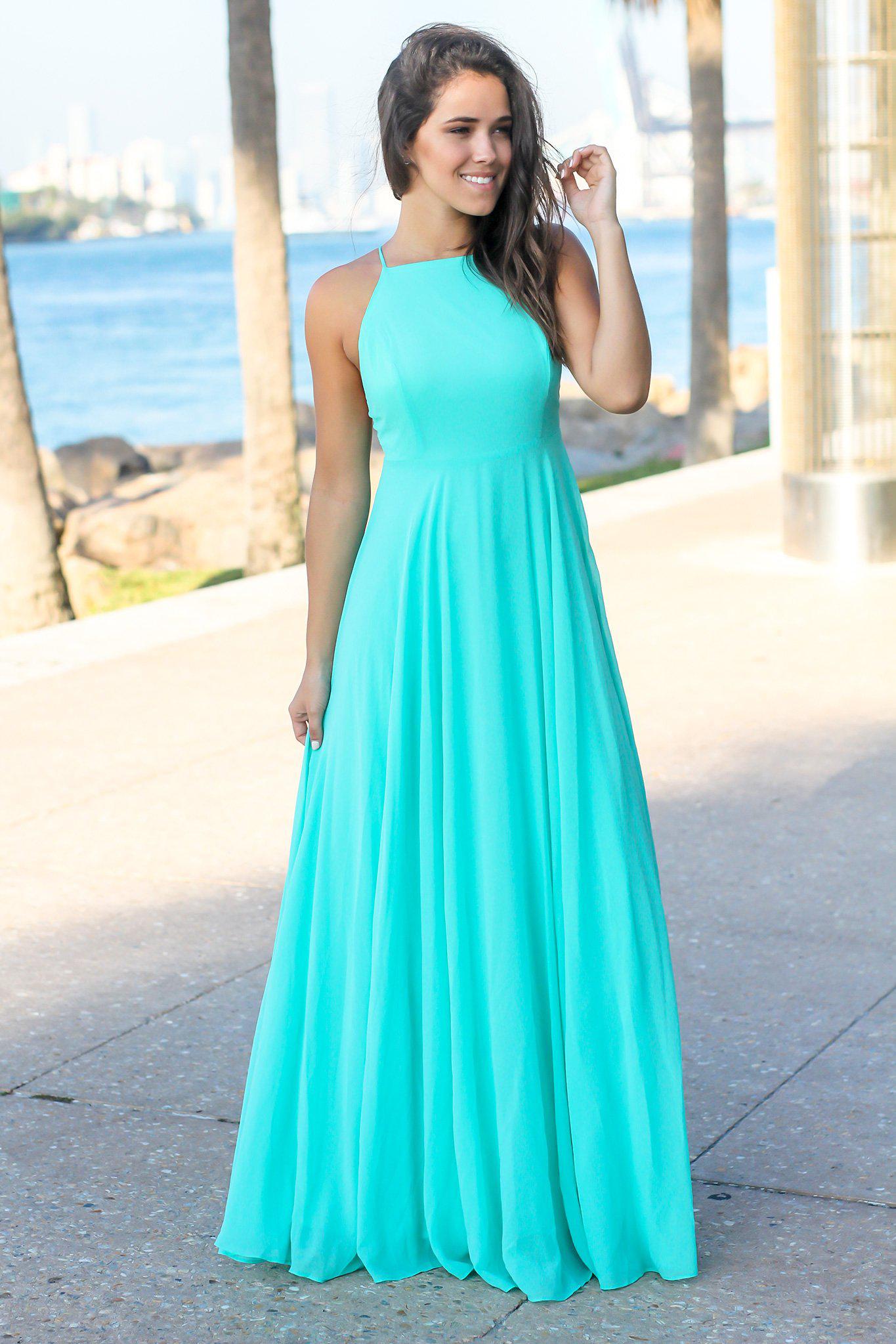 Aqua Maxi Dress with Criss Cross Back ...